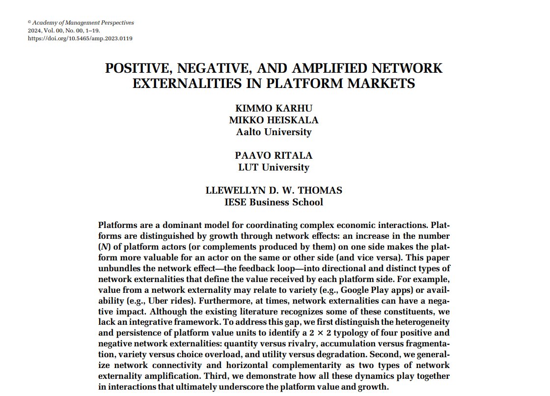 Happy to share that our paper is just published in Academy of Management Perspectives!

We build a new theory to explain value creation in platform markets that categorizes different types of positive, negative, and amplified network externalities.

Few notes follow

<a href="/AOMConnect/">Academy of Management</a>