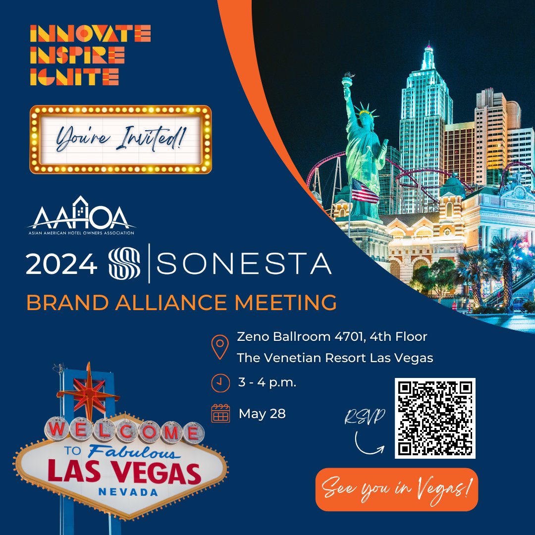 You're invited to the 2024 Sonesta Brand Alliance Meeting! Join us in the vibrant city of Las Vegas on May 28 for an unforgettable experience. 🌟

RSVP now! bit.ly/44SuhGW

#SonestaMeeting2024 #VegasBound #RSVPNow #AAHOA #HotelOwners
