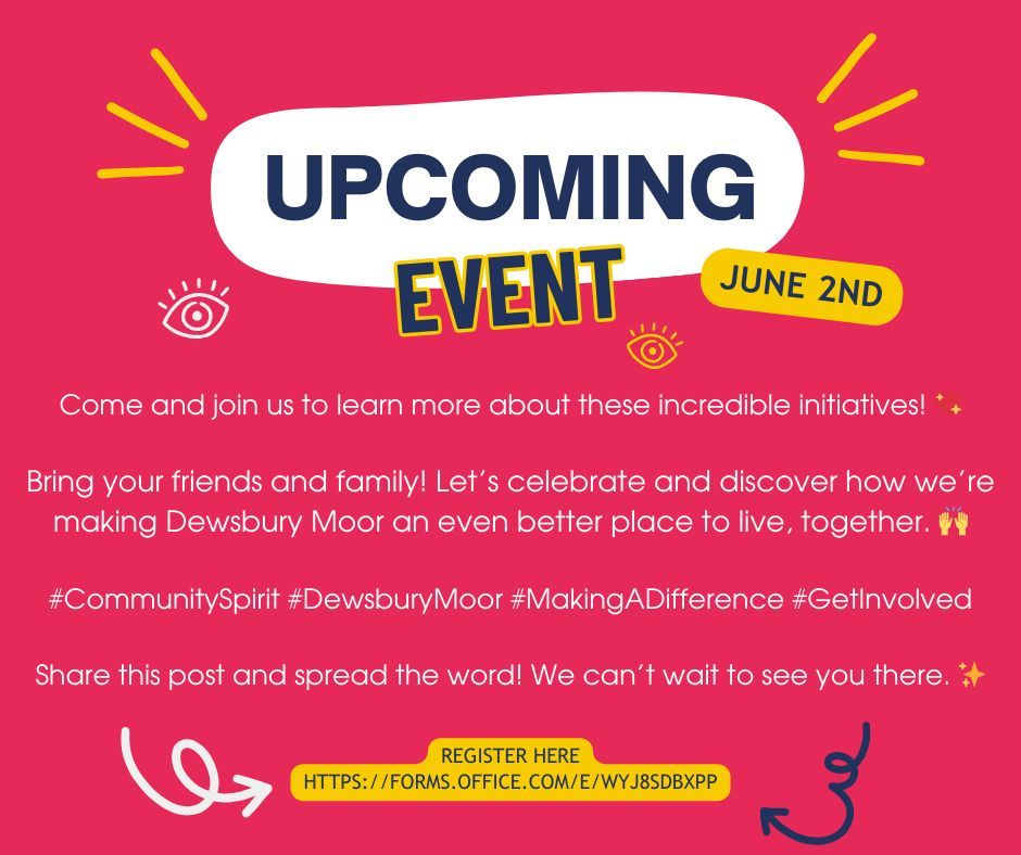 🌟 Exciting News, Dewsbury Moor! 🌟
We’ve been working hard to support projects working at Dewsbury Moor find out more
🗓 Date: June 2nd
⏰ Time: 2:30pm
📍 Location: Dewsbury Moor Sports Club
Sign up here  buff.ly/3WUg0rs