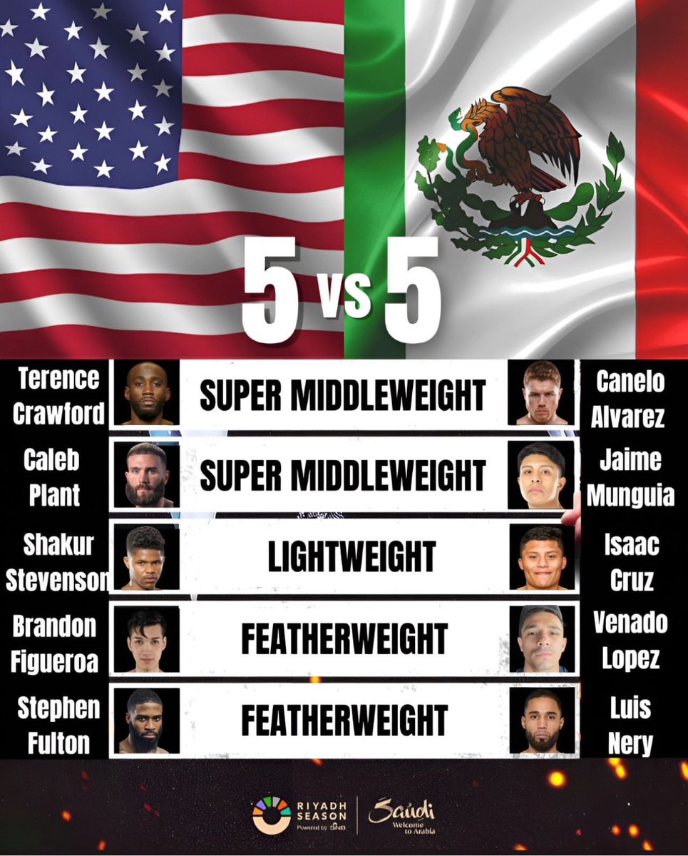 Saudi Arabia’s Turki Alalshikh is planning another major event for the ending of the year or beginning of 2025 with an American vs Mexican showdown 5 vs 5 matchups. These are all potential matchups being discussed.#canelocrawford #stevensoncruz #munguiaplant #fultonnery