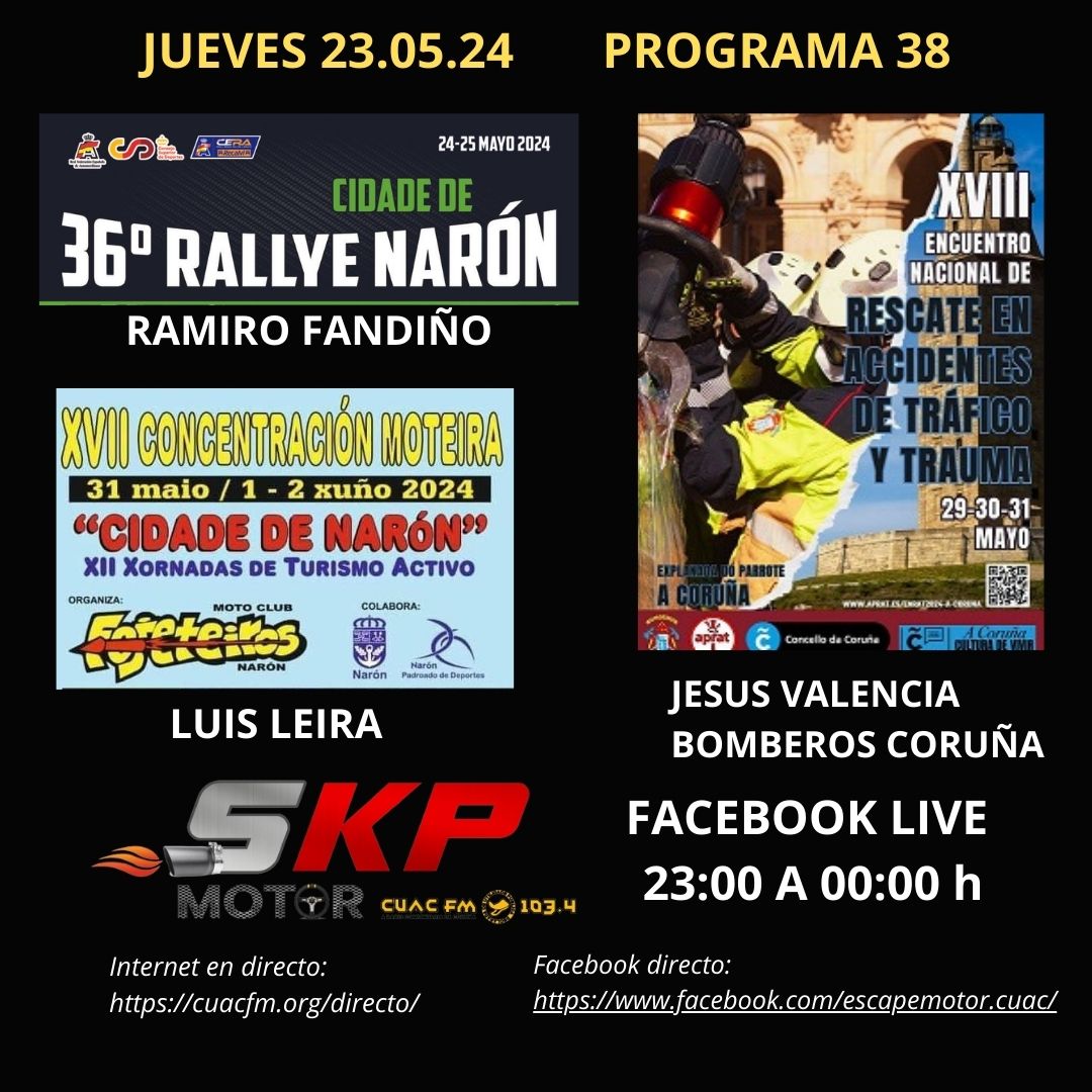 bombeiroscoruna's tweet photo. #ENRATT2024 #Coruña | Hoxe temos ao noso compañeiro Jesús Valencia no programa de @CuacFM -Xurxo EscapeMotor-. Falaranos do que vai ser o Encontro Nacional de Rescate en Accidentes de Tráfico e Trauma que se vai celebrar na #Coruña os días 29-30 e 31 de maio. https://t.co/TpBVWH5rcS