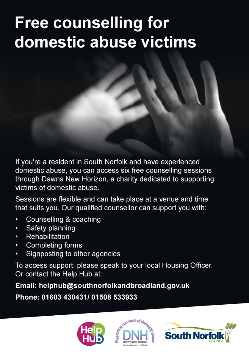 if you live in @SNorfolkCouncil and have experienced domestic abuse, you can access six free counselling sessions through Dawns New Horizon, a charity dedicated to supporting victims of domestic abuse. @BroadlandDC #DomesticAbuseRecovery #SupportForSurvivors #InspirationAndHope