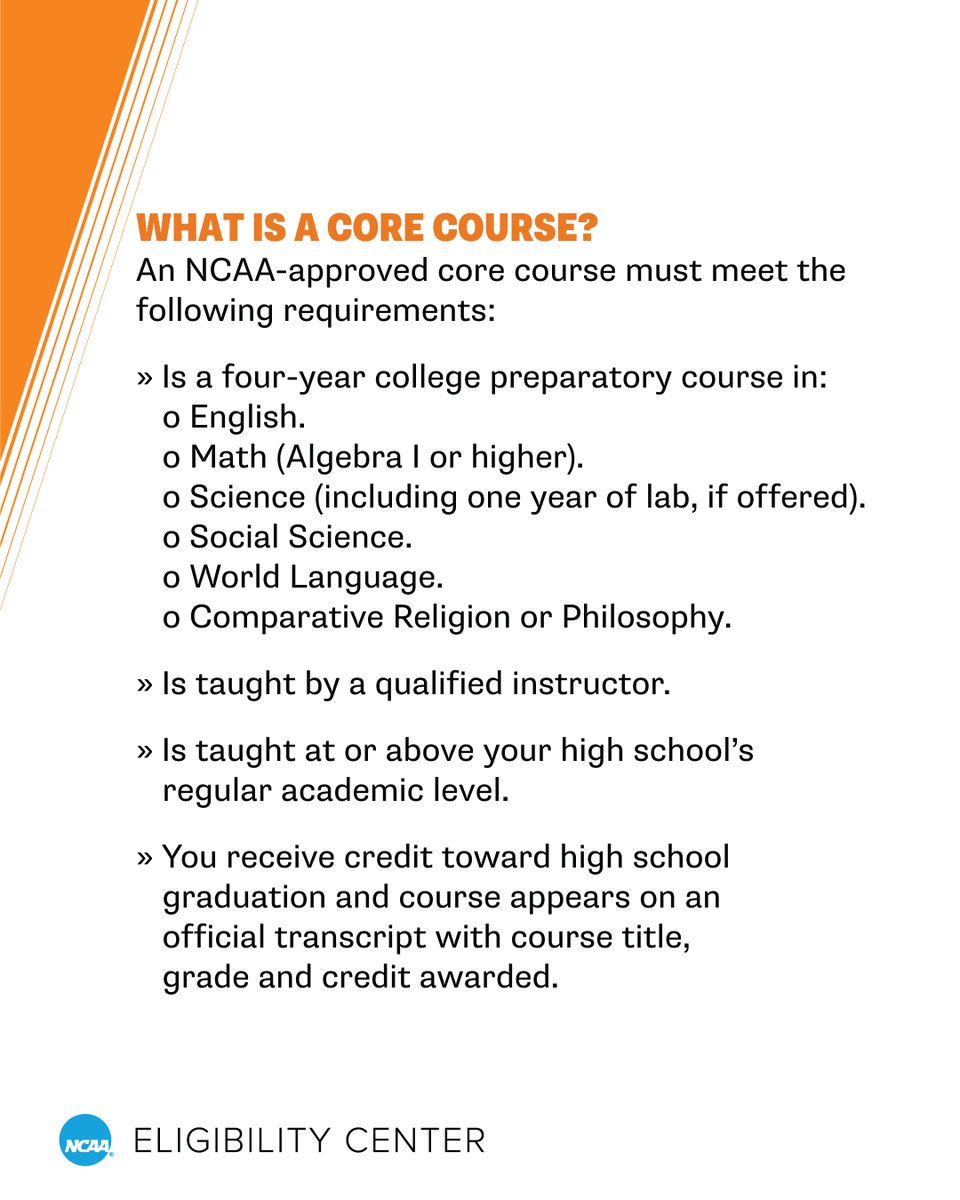 Make sure you're taking courses on your high school's list of <a href="/NCAA/">NCAA</a>-approved core courses.

🔗 on.ncaa.com/CCL