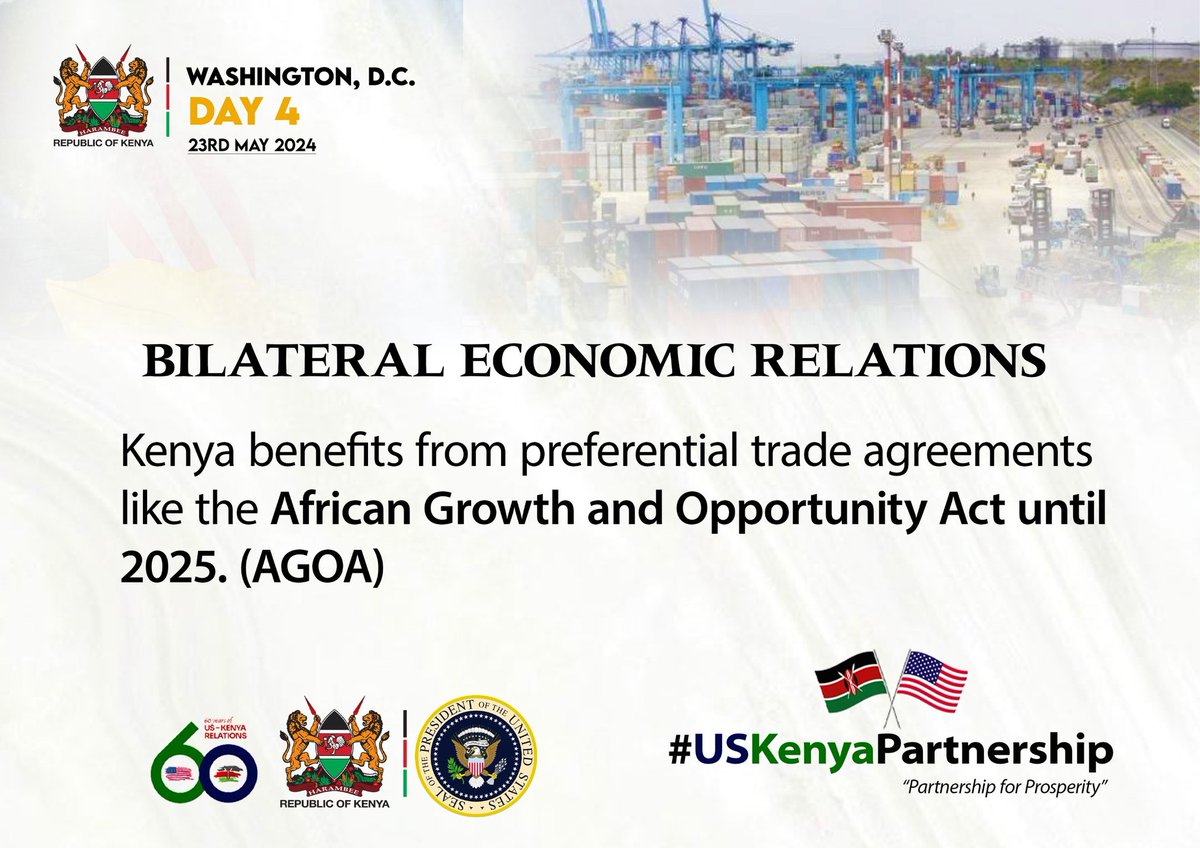 Kenya benefits from preferential trade agreements like the African Growth and Opportunity Act until 2025. (AGOA). Ruto Biden Conversation #USKenyaPartnership