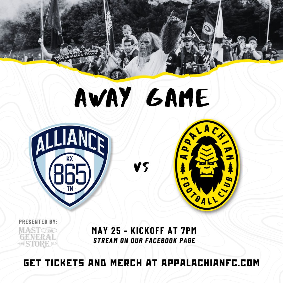 Appalachian FC faces 865 Alliance this Saturday in Tennessee! 🚌  

Kickoff is at 7 PM. Wear your yellow and black and cheer for us while we are on the road! 💛 🖤