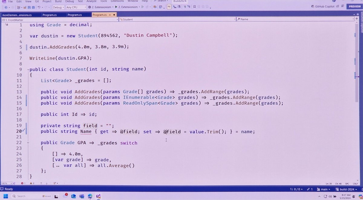 bartstrubbe's tweet photo. Breaking change alert c#13: field keyword. Can prefix with @ to discriminate from your own field variable. #msbuild. https://t.co/AnPGu9b5BX