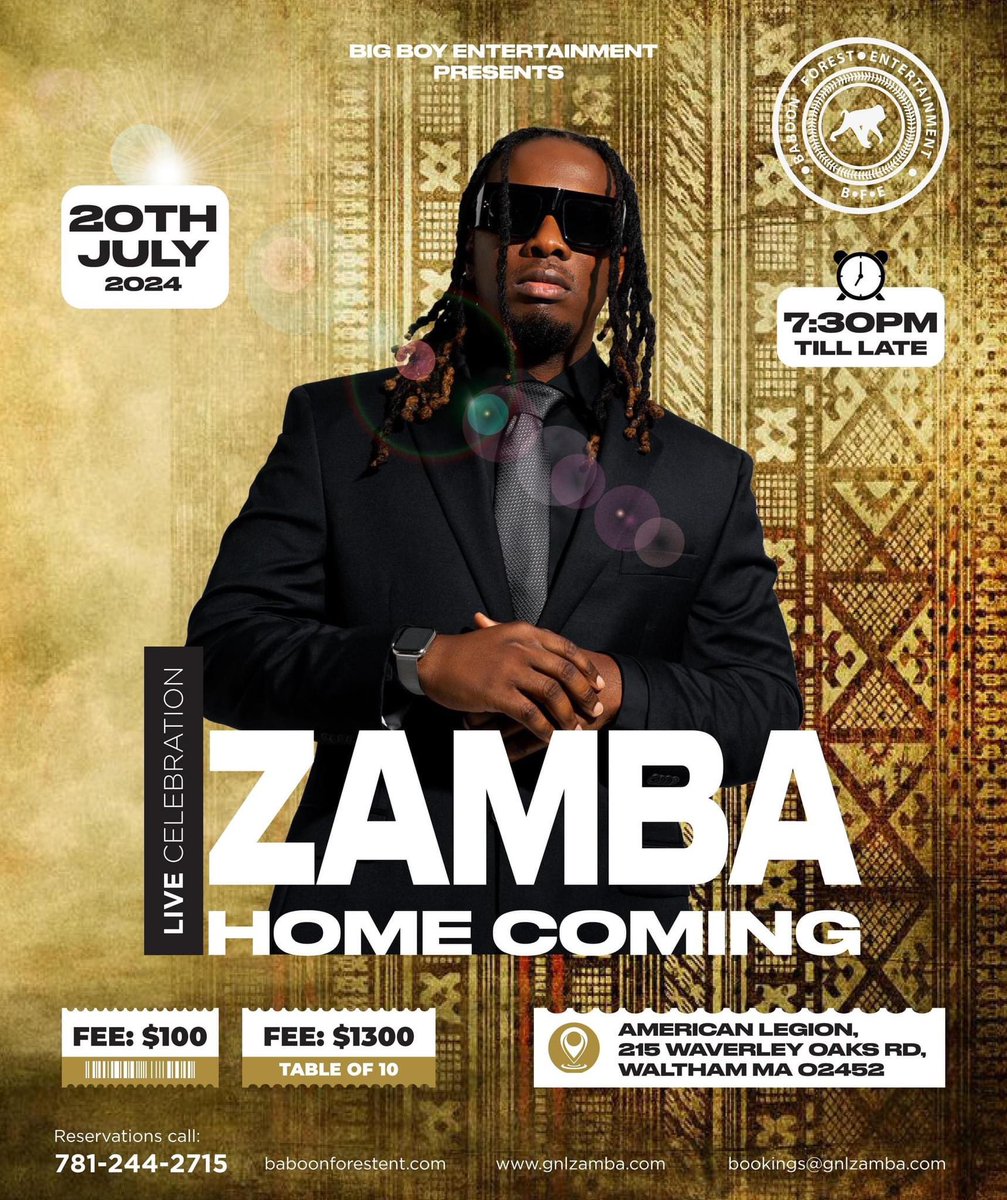 ZAMBA LIVE IN BOSTON JULY 20th Summer 2024 !!!! Tickets on sale $100 Early Bird $85 and A table $1300 #GNLHomecoming 🎶 #GNLZamba ♕ #BostonConcert #Hiphop #EnsiYaffe #SummerYaffe ✊🏾🙏🏾🙌🏾 #TheForestIsforever ♾ linktr.ee/gnlzamba