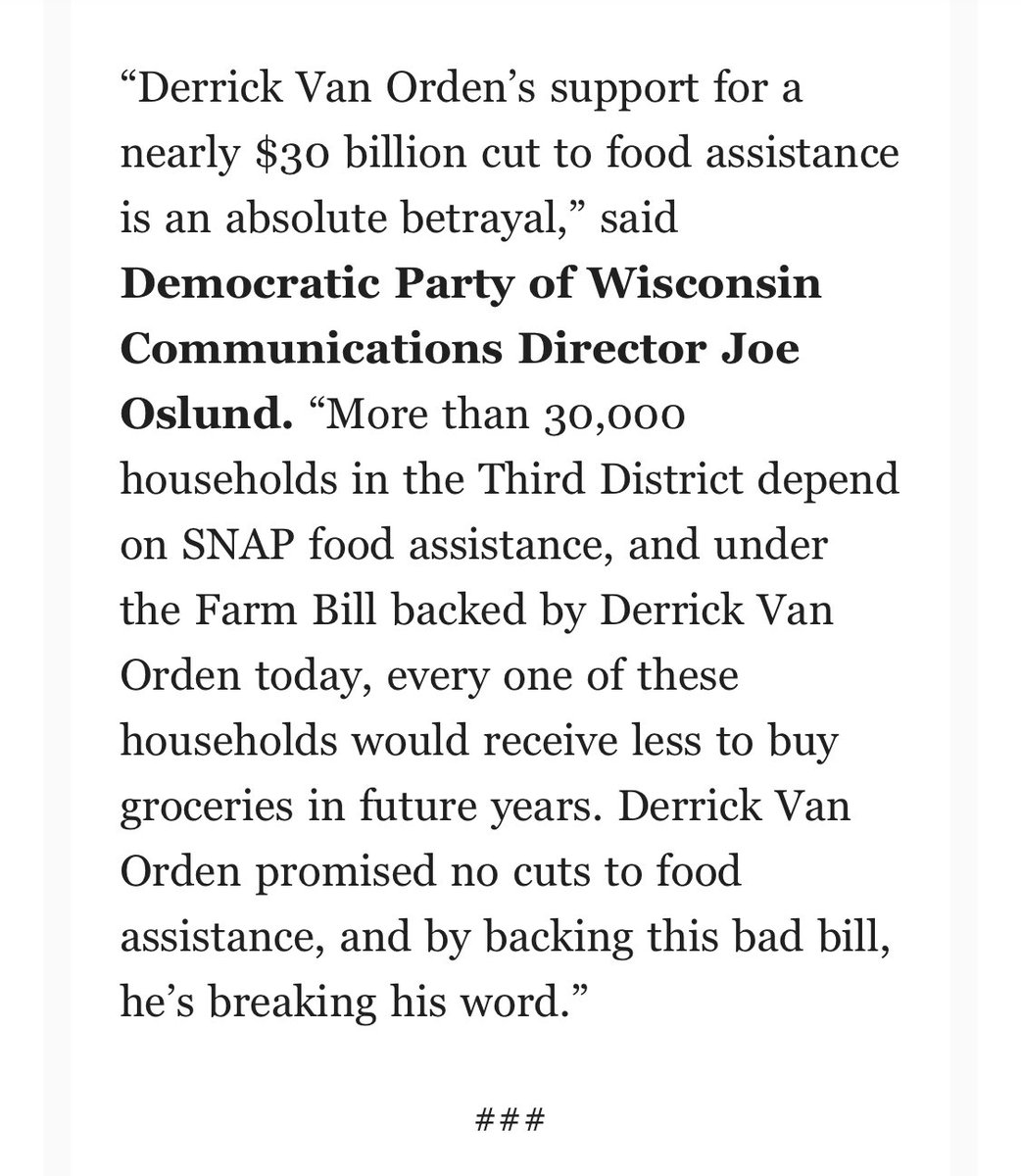 Derrick Van Orden promised no cuts to SNAP food assistance. This morning in DC, he’s pushing forward a Farm Bill that makes a $27 billion cut to SNAP food assistance. Our statement: