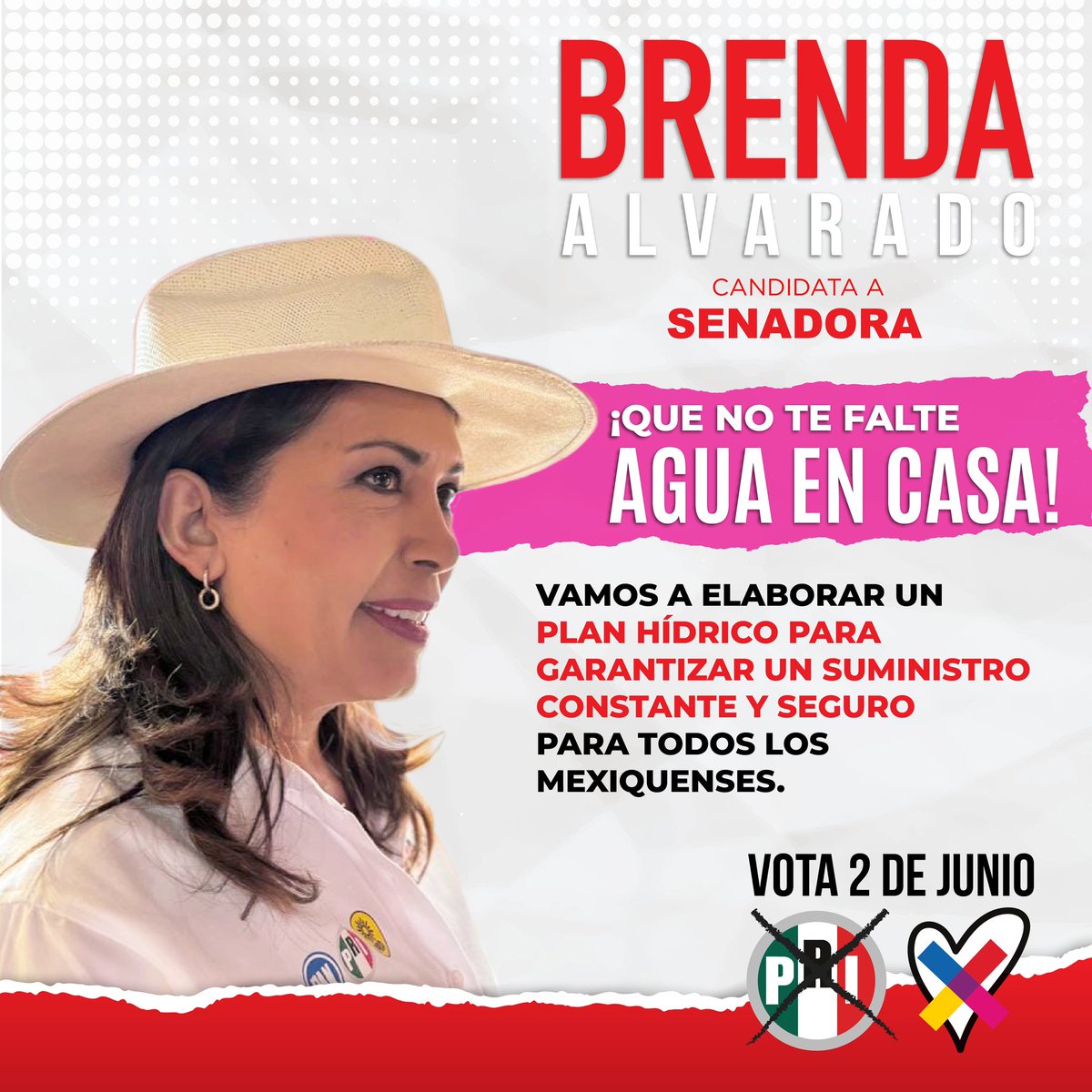 ¡Estoy comprometida con nuestro futuro! Como tu próxima senadora, implementaré un plan hídrico sostenible para que no te falte agua en tu casa. Este #2dejunio, ¡tu apoyo es fundamental  para un futuro con agua para todos! #BrendaSenadora #VotaPRI