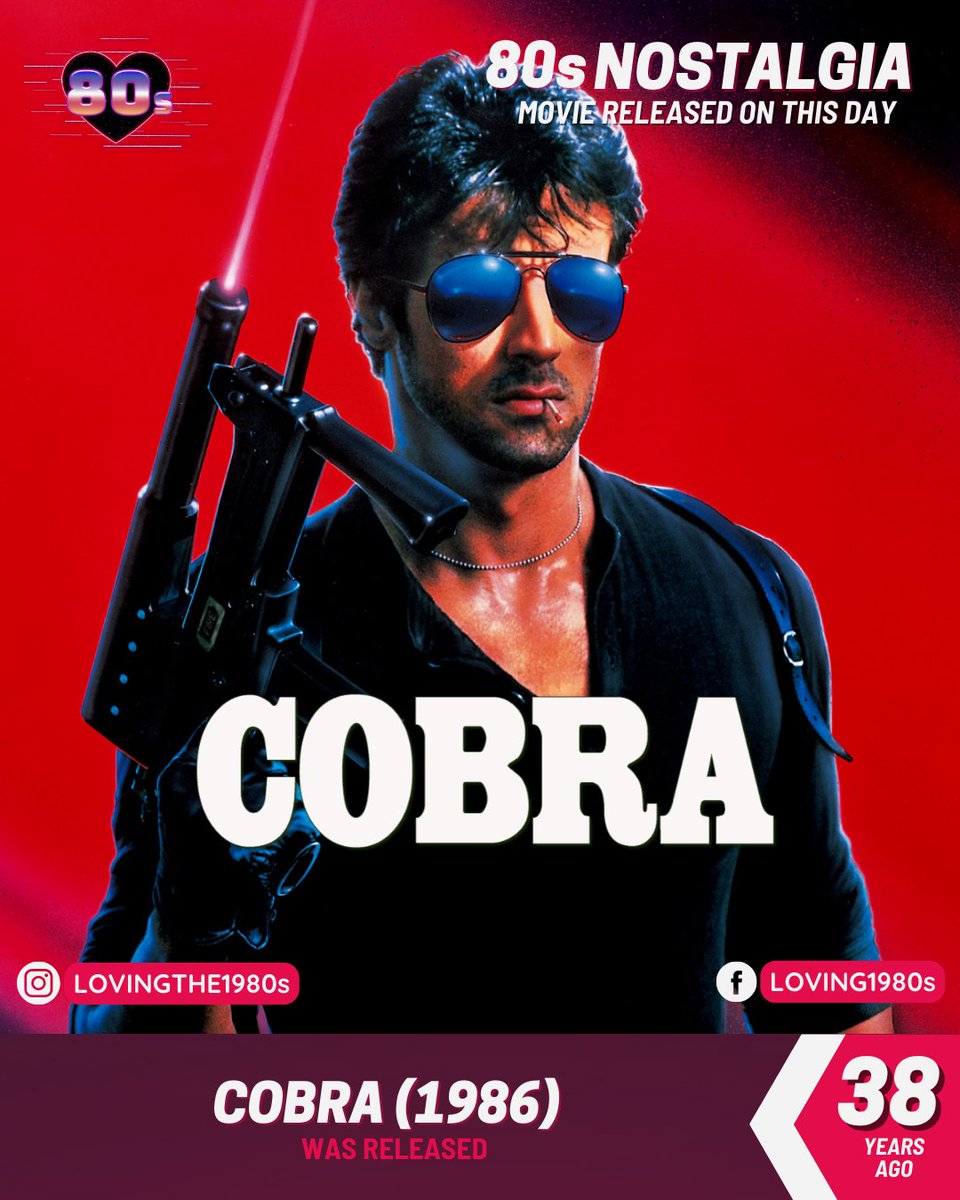 38 years ago today, Cobra (1986) was released! 🎥 #Lovingthe80s #CobraMovie #Cobra1986 #SylvesterStallone #BrigitteNielsen #ReniSantoni #80sNostalgia