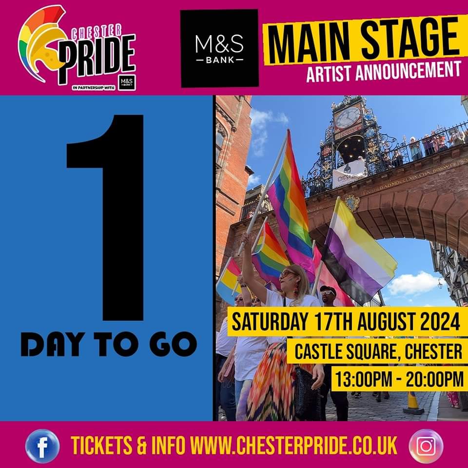 🏳️‍🌈Just one more sleep for the announcement....
M&S Bank mainstage lineup for Chester Pride 2024 🏳️‍🌈

Tickets and pre pay credit available from chesterpride.co.uk 

#Chester #ChesterPride #announcement #lgbt #lgbtq #news #LooseLadies #looseladieslive