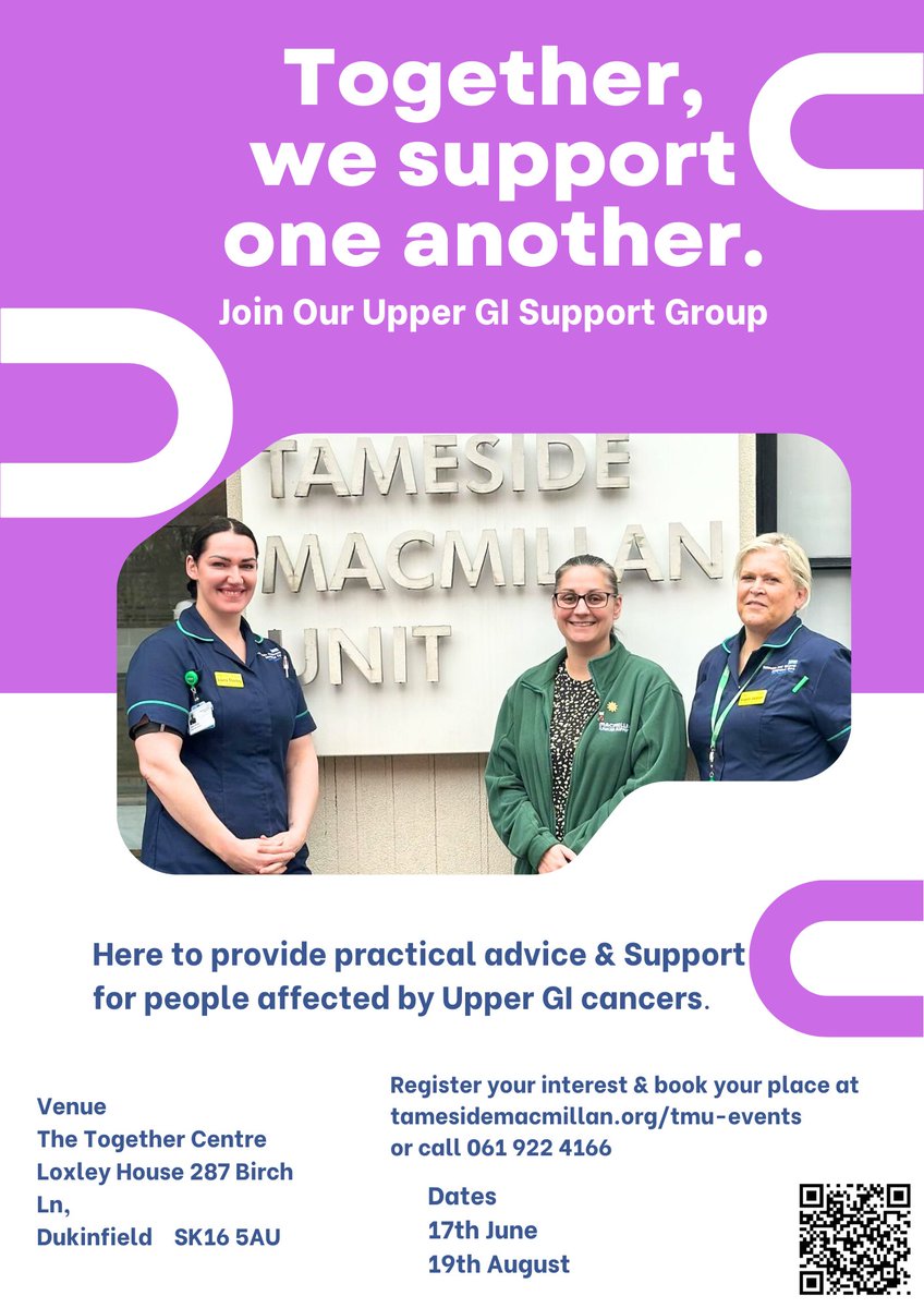 Upper GI Support Group. An opportunity to meet other people affected by Upper GI cancers. Share information and experiences. This group is facilitated by the Tameside Hospital`s Upper GI Specialist nursing team. tamesidemacmillan.org/events/tamesid…