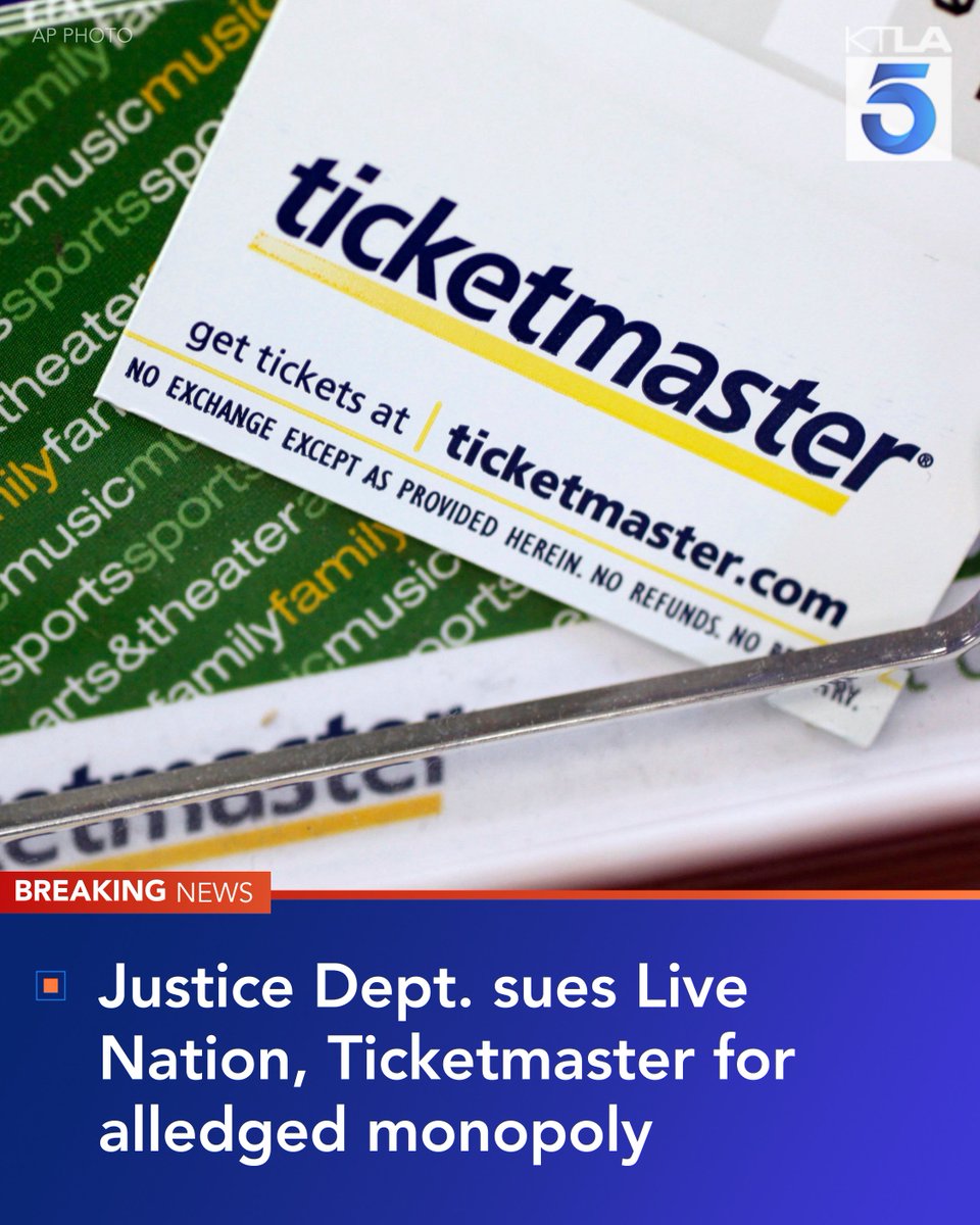 KTLA's tweet photo. BREAKING: The Justice Department filed a sweeping antitrust lawsuit against Ticketmaster and parent company Live Nation Entertainment on Thursday, accusing them of running an illegal monopoly over live events in America. Details: https://t.co/eOybIawjFQ https://t.co/IRcH0DWGMz