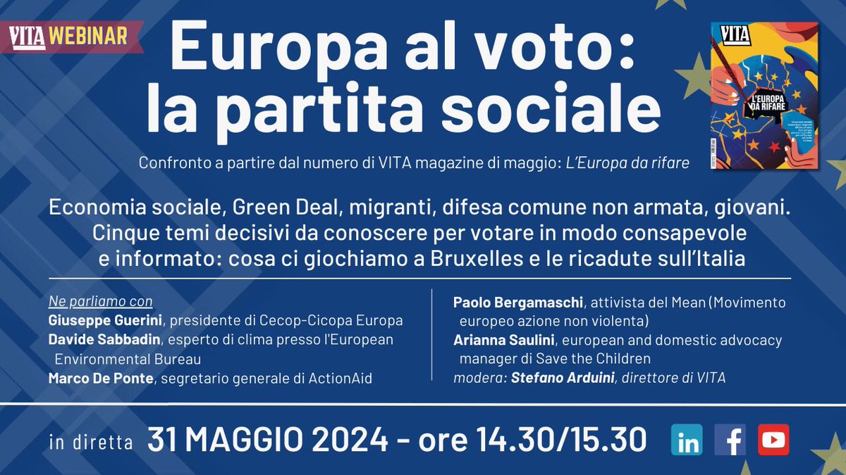 Venerdì 31 maggio dalle 14.30 alle 15.30 @VITAnonprofit organizza un incontro sulle 5 principali sfide per costruire l'Europa del futuro. Un invito a valutare cosa c’è in gioco come le prossime elezioni europee e perché è importante partecipare. #Europa #UseYourVote