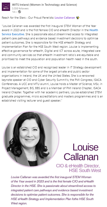 Looking forward to <a href="/WITSIreland/">WITS Ireland</a> event this evening in my hometown  lnkd.in/e3EvvKnr 
#HSE #eHealth #UCC #UCCMedHealth #MTU #HSELive #eHealth_HSESW #CKCH #HSEInnovation #STEMProfessionals #womeninstem #inclusionmatters #diversityandinclusion #equality #stemwomanoftheyear