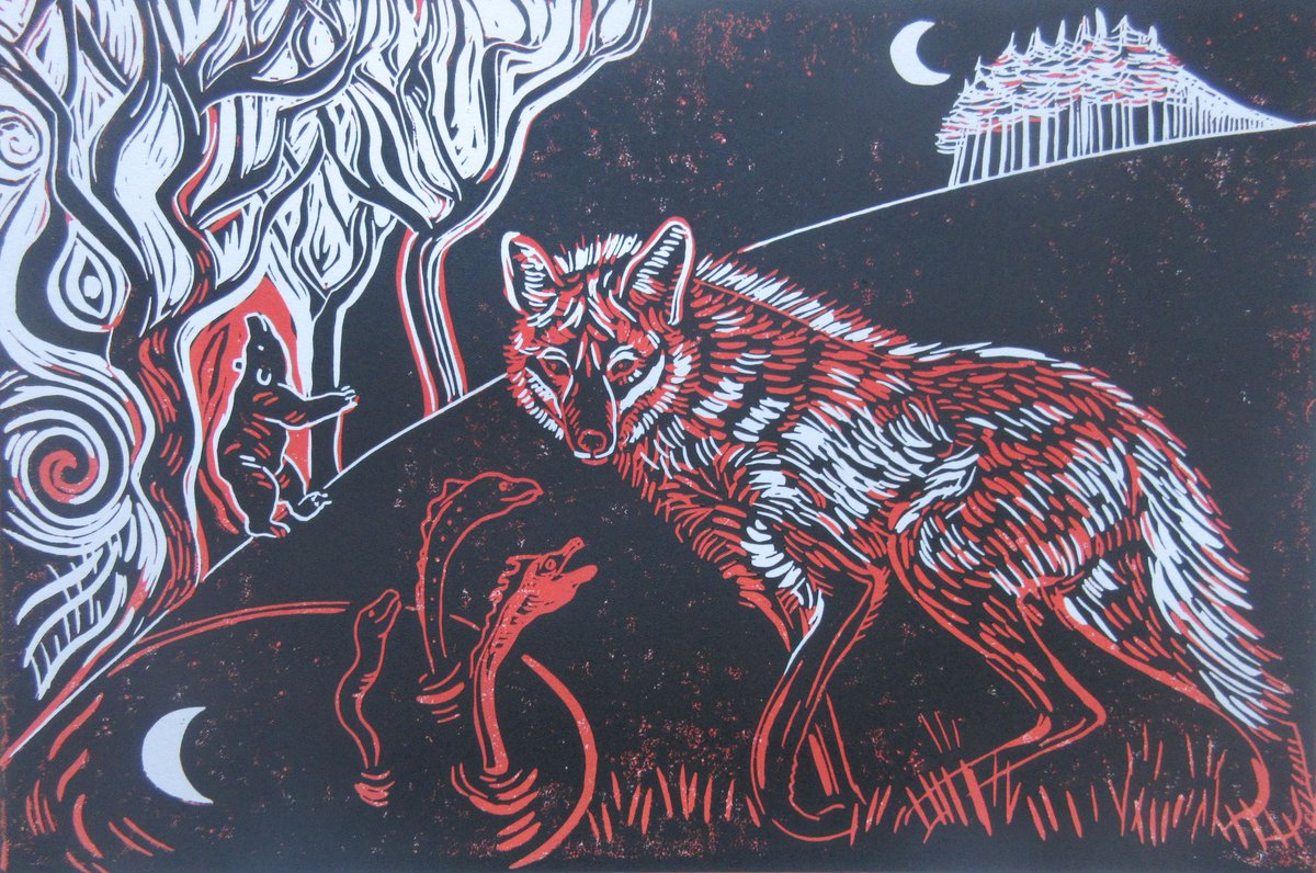 Linocut print inspired by a quote from Tom Rudd: 'There’s a group of hills on the eastern edge of Barrowcross they call the Pony Hills. Most reckon them haunted... by ghosts of vanished trees... Shades of bears, great worms and the ruffled fox.' @HooklandGuide