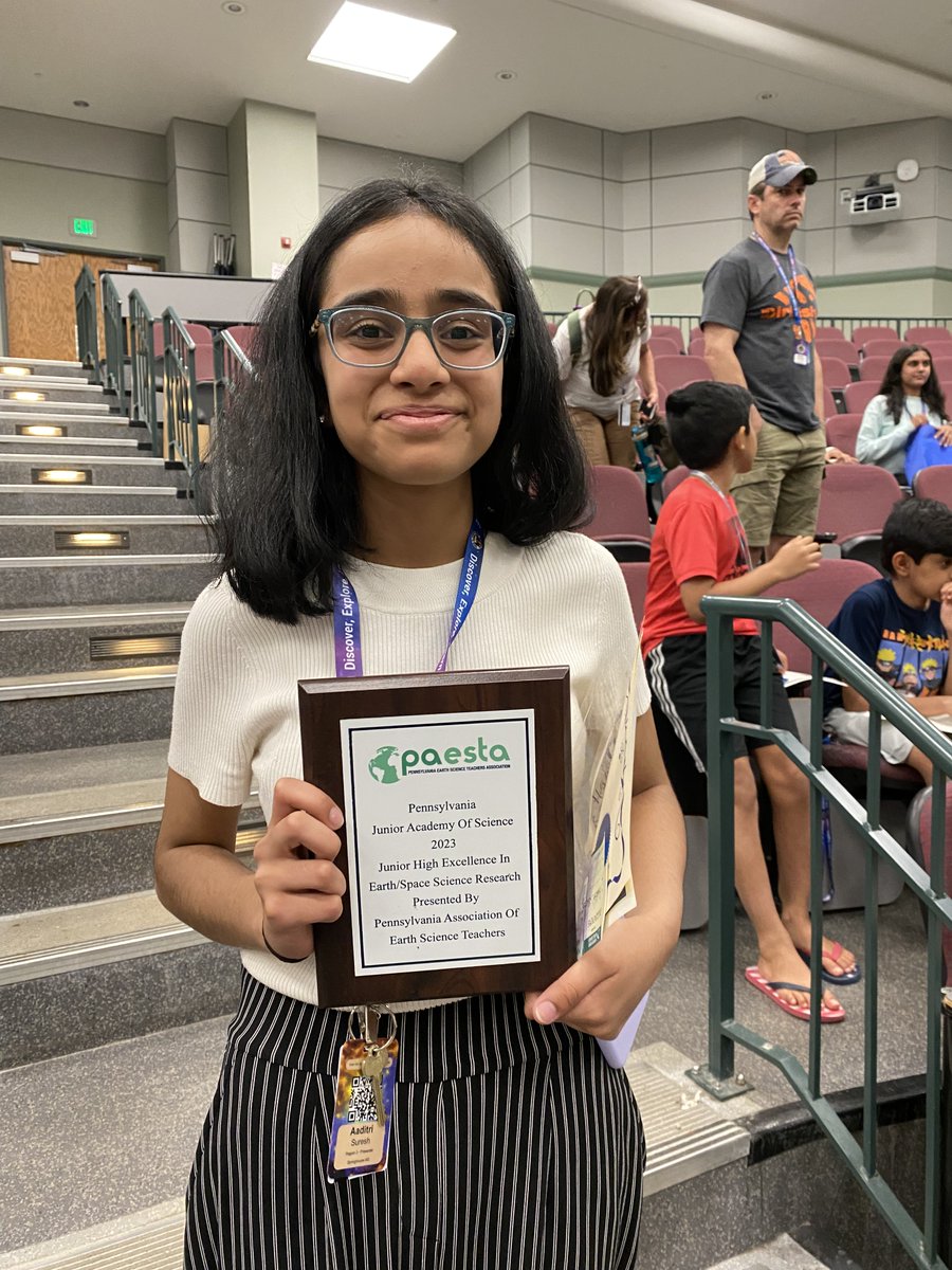 PAESTA's tweet image. Congratulations to Aaditri Suresh from Springhouse MS  for *again* receiving the Outstanding Middle School Earth Science Research Project Award at the 2024 #PJAS State Science Fair Competition at Penn State! @PSUEMS Awarded by @PAESTA The PA Earth Sci Teachers Assn 🏆🥇🎉 👏