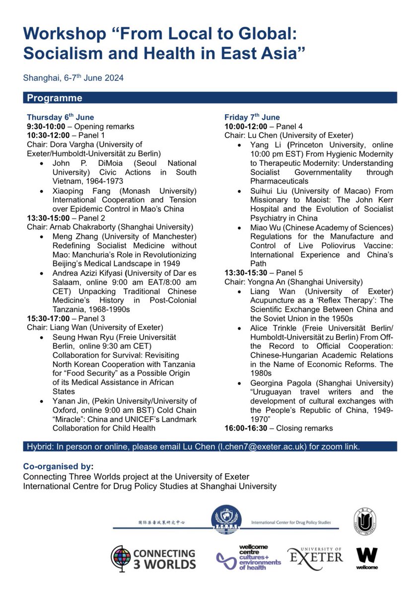@C3Wolrds is co-organising a hybrid workshop “From Local to Global: Socialism and Health in East Asia” in Shanghai on 6-7 June, please drop me an email at l.chen7@exeter.ac.uk for zoom link if you would like to join the discussion online