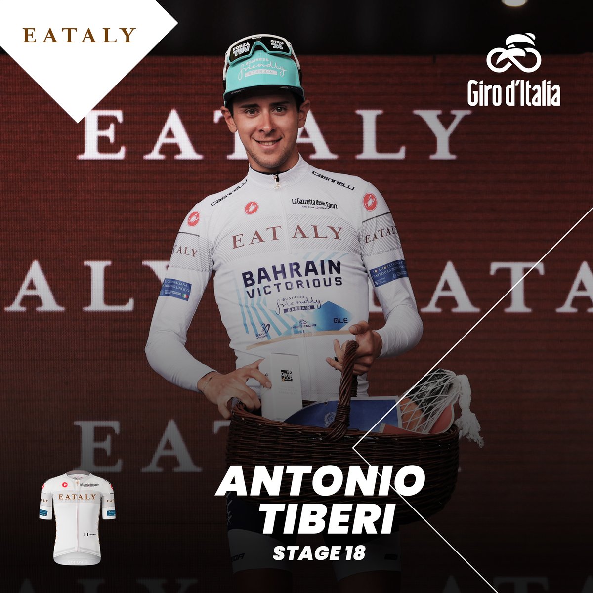 👕 The jerseys after Stage 1️⃣8️⃣: 🤍 🇮🇹 Antonio Tiberi (TBV) - #Eataly giroditalia.it/classifiche/ #GirodItalia | #jerseys | @SocialMasaf