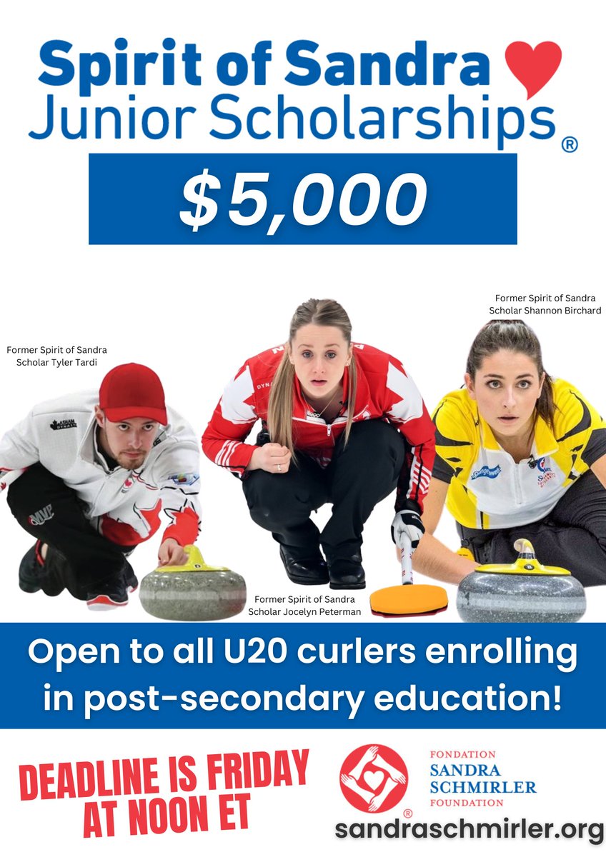 🚨 Attention: Student curlers enrolling in post-secondary for 2024-2025. The deadline is Friday at noon Eastern to apply for the $5,000 Spirit of Sandra Scholarship program. You'll be mentored by Olympians and be giving back to your communities. 🧑‍🏫 sandraschmirler.org/en/spirit-of-s…