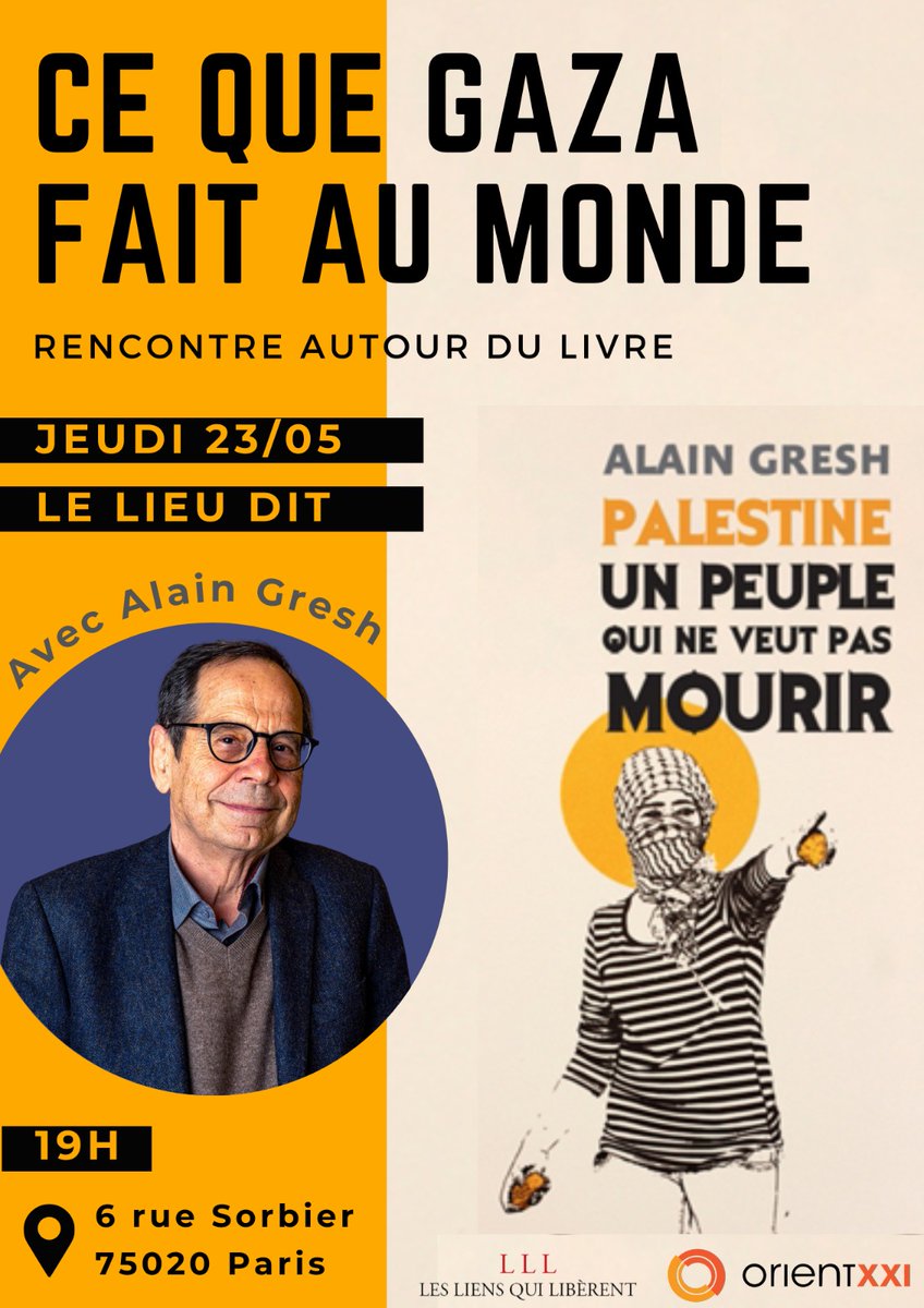 #Gaza 📚 Tout à l'heure, @alaingresh (dir de la publication d' @AfriqueXXI et d' @OrientXXI ) présente son dernier ouvrage, à Paris dans le 20e. 'Palestine, un peuple qui ne veut pas mourrir'⤵️