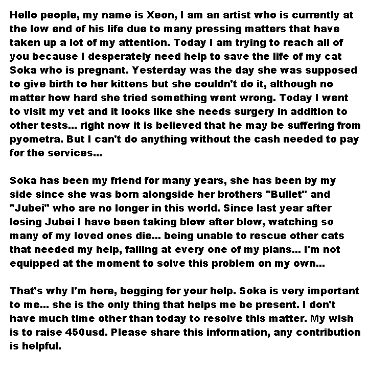 Xeon_Nameless's tweet photo. 🆘I'M IN DIRE NEED OF HELP🆘 My cat Soka is pregnant, yesterday was supposed to be the day she was going to give birth to her kittens but something is wrong, I went to the vet and it looks like she needs surgery. I hope to raise 450usd, use https://t.co/5hBhAtTcge for donations! https://t.co/5h8OlzAqT4