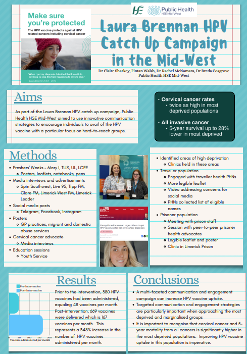 Congratulations to Dr Claire Sharkey and Public Health HSE Mid West team for earning 1st prize at the @RCPI_news Summer Scientific poster competition, demonstrating HSE Mid West’s efforts to increase vaccine uptake as part of the Laura Brennan HPV Catch-Up Vaccination Programme