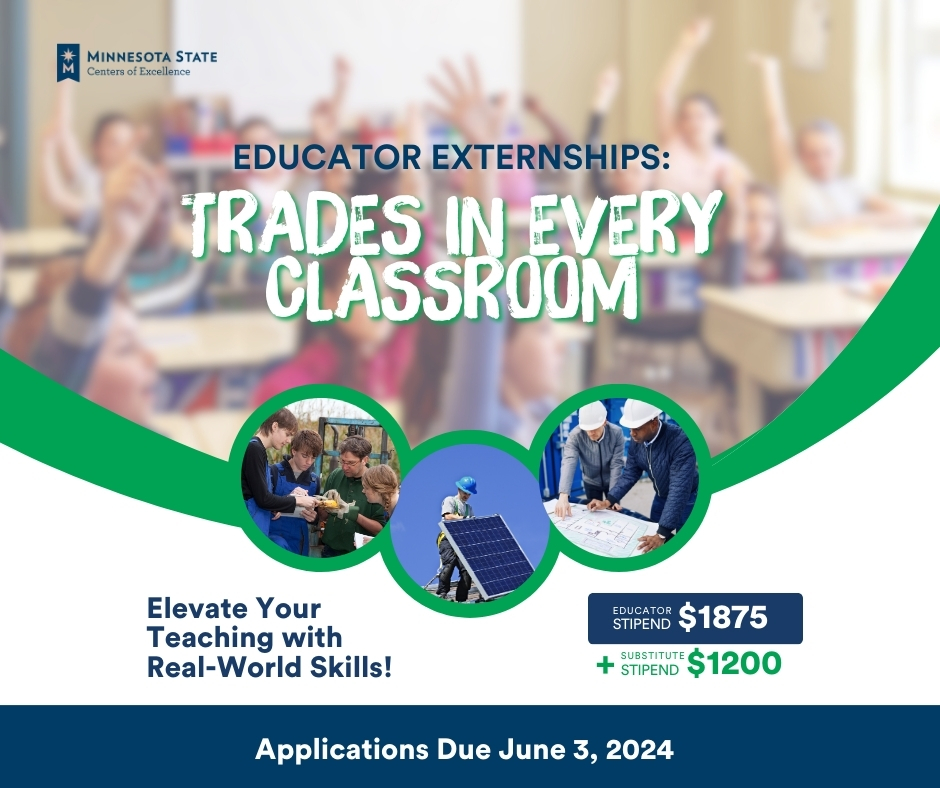 Are you an educator looking to bring practical trades-based skills into your classroom? Whatever you teach we want you!
You will gain hands-on experience, professional development, and learn how to build your knowledge in the classroom.
Trades In Classroom mnsu.edu