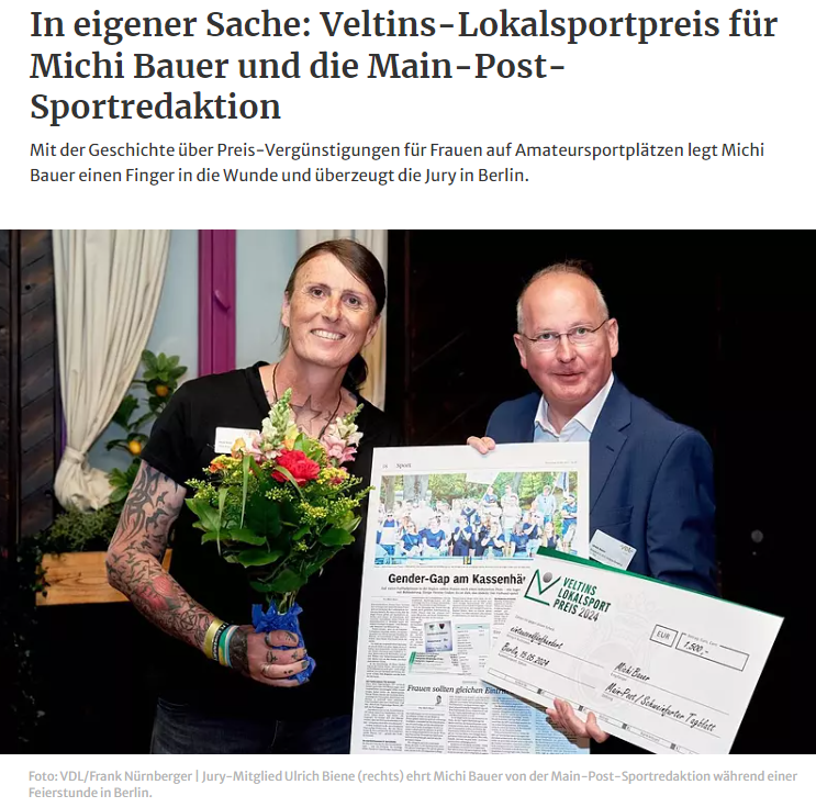 Und noch eine Auszeichnung, dieses Mal für unsere Sportredaktion: "Mit der Geschichte über Preis-Vergünstigungen für Frauen auf Amateursportplätzen legt Michi Bauer einen Finger in die Wunde und überzeugt die Jury in Berlin." <a href="/mainpost/">mainpost</a> #Lokalsport mainpost.de/11498280