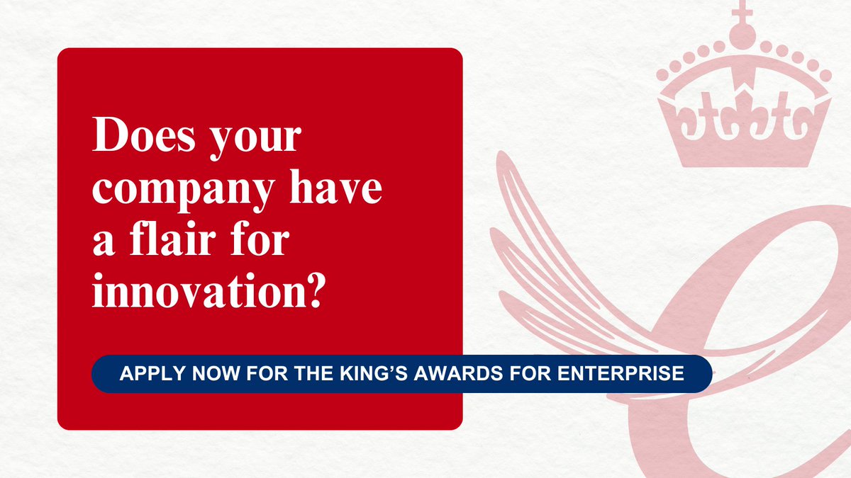 Does your company have an innovation that is an:
💡invention, design or production of goods
💡performance of services
💡marketing &amp; distribution
💡after-sale support of goods &amp;services

You could be eligible for a King's Award for Enterprise! Find out more gov.uk/kings-awards-f…