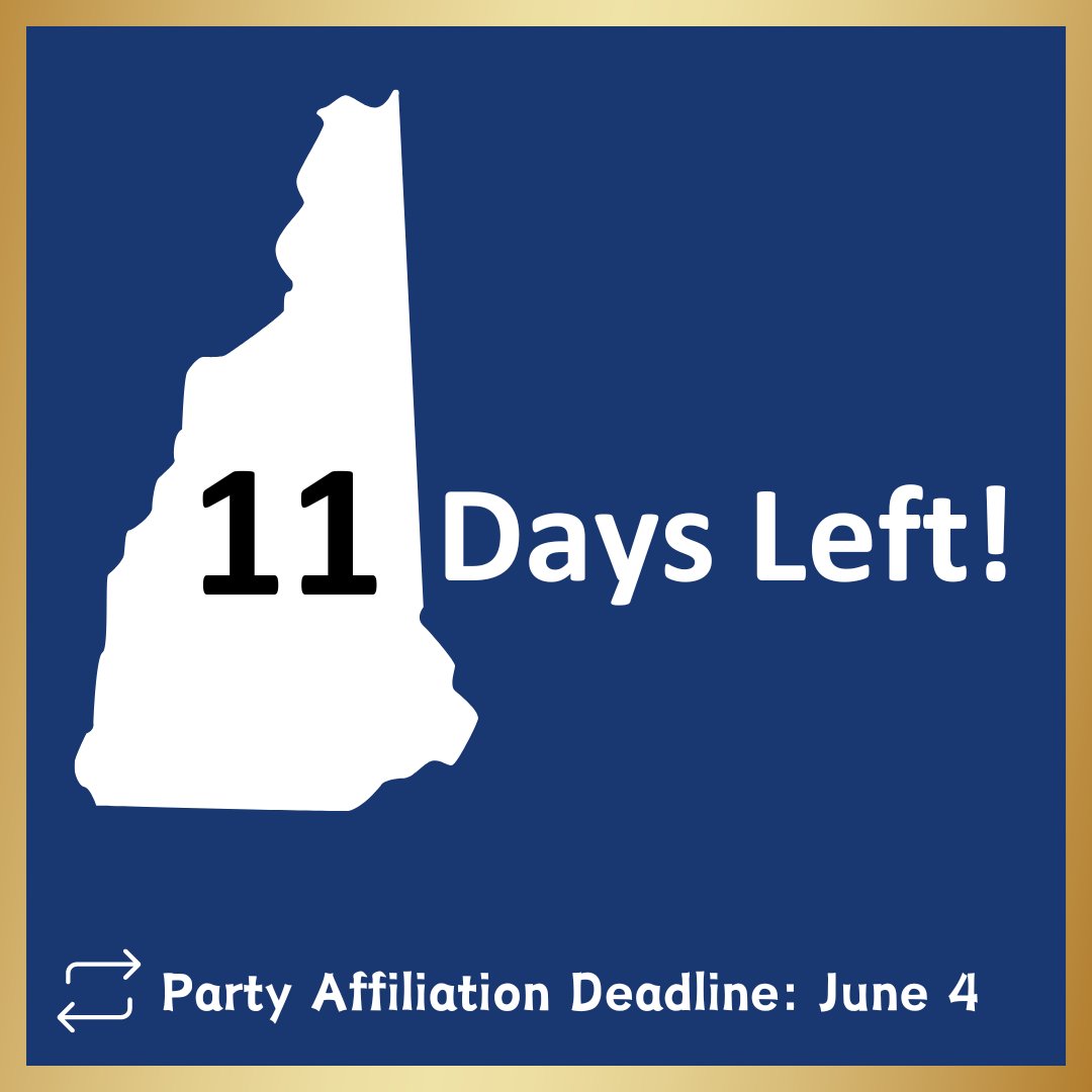 Attention Voters!

If you want to change your party affiliation before the September 10th State Primary, you have 11 days to do so at your local clerk’s office.

Visit app.sos.nh.gov to look at your voter reg. info and find your clerk’s contact info #TrustedInfo2024