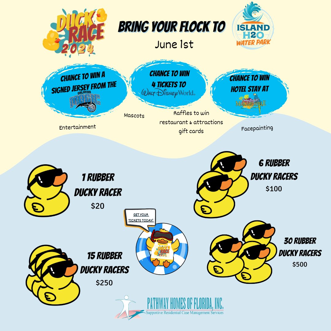 We’re less than 2 weeks away and paddling tirelessly to get prepared Duck Day!  

Be sure to snag your duckies for the race before they waddle off. Don’t miss your chance to join in! Get ready for a quacking good time, for a good cause. 

Support Duck Day: pathwayhomes.info/DuckRace2024