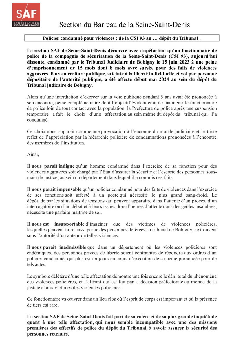 safbobigny's tweet photo. Stupéfaction au SAF Bobigny en apprenant ce qu’il se passe au dépôt du TJ.
L’affectation d’un ancien policier de la #CSI93 condamné est incompatible avec une des missions premières des effectifs de police du dépôt du Tribunal, à savoir assurer la sécurité des
personnes retenues. https://t.co/jhtrmpGgfN