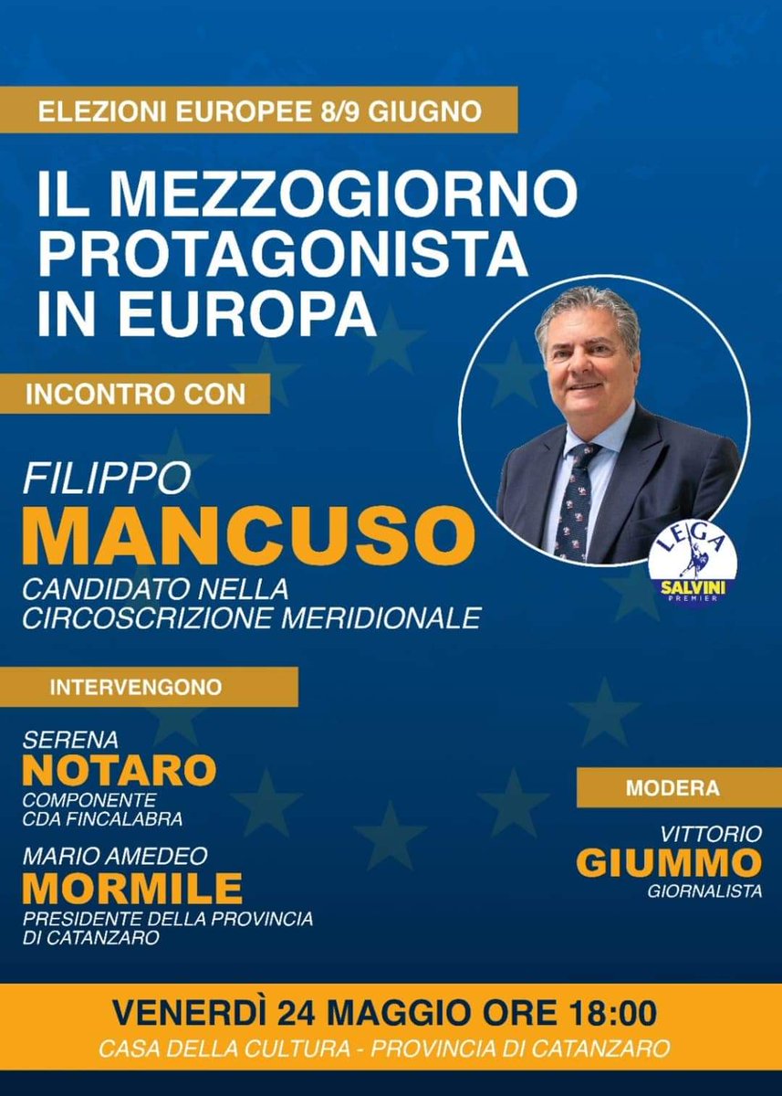 FedericaF33's tweet photo. "Il #Mezzogiorno protagonista in Europa"
Venerdì 24 maggio 2024 #Catanzaro
Interverrà #FilippoMancuso candidato @LegaSalvini Circoscriz. Meridionale, @Serena_Notaro componente cda Fincalabra, Mario Amedeo #Mormile Pres. Provincia Catanzaro. Modera #VittorioGiummo
#Europee2024 https://t.co/H6RezkVPzP