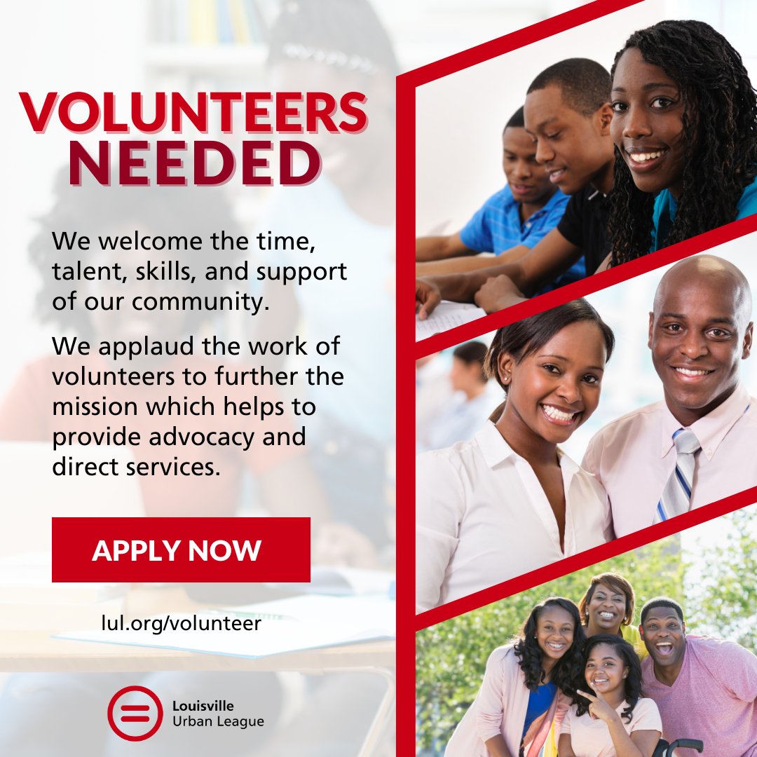 The Louisville Urban League is seeking dedicated volunteers to support our mission of advocacy and direct services. Your time, talent, and skills can create positive change in our community. Apply now and be part of something impactful. Visit ow.ly/SO7W50RRCcB. #Volunteer