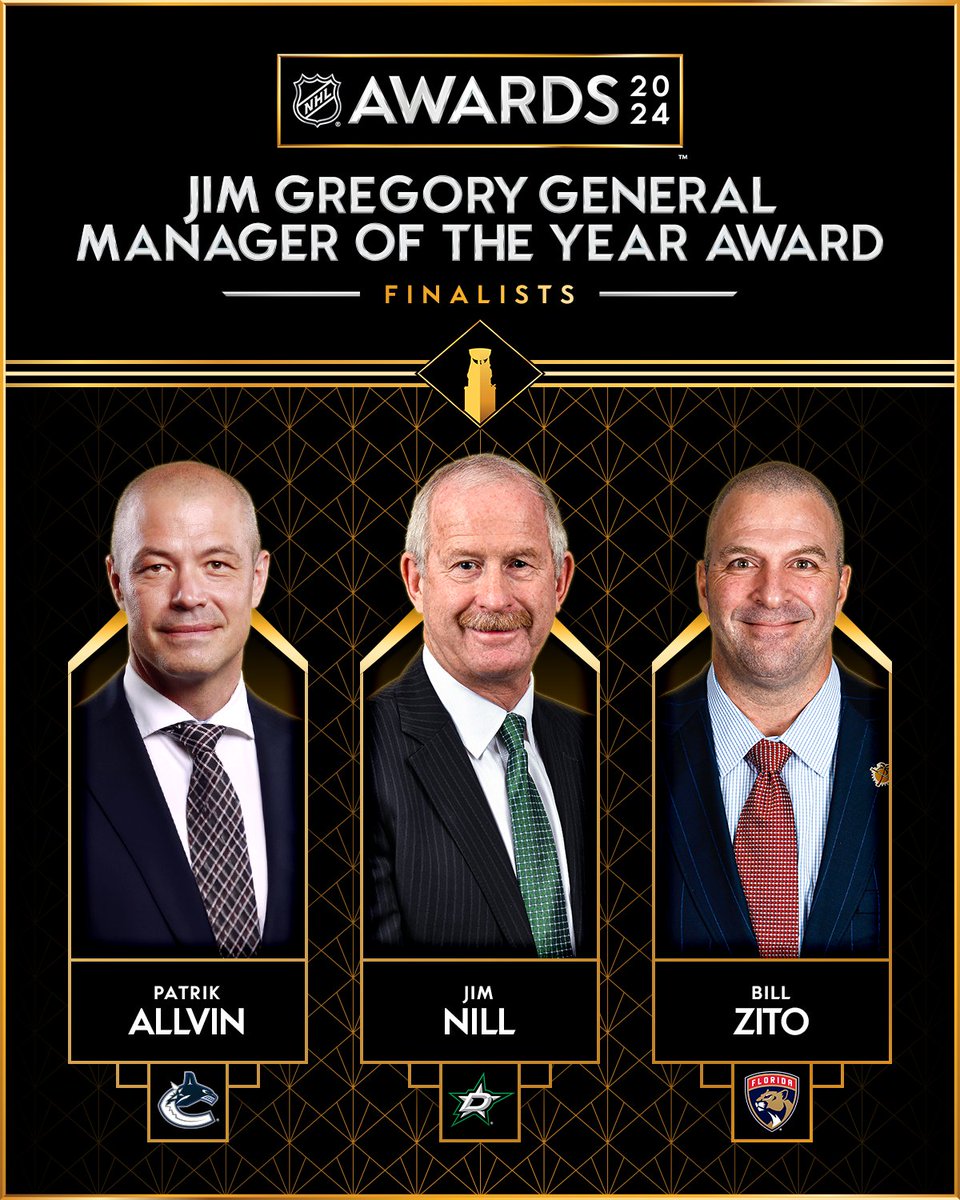 Patrik Allvin, Jim Nill and Bill Zito named finalists for the 2023-24 Jim Gregory General Manager of the Year Award. media.nhl.com/public/news/18…