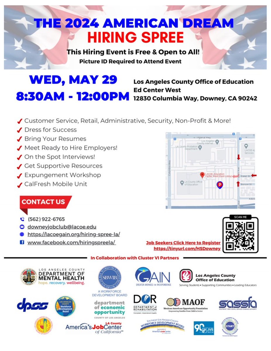 Hiring Event! Wednesday May 29, 2024, from 8:30 to 12pm. Come dress for success!
Meet ready to hire employers. This hiring event is free and open to all. See you all there! #Downey #lamirada #picorivera #norwalk #event #hiring