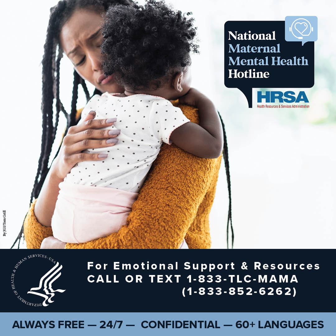 Mental health is #MaternalHealth. You're not alone. Mental health challenges can happen after having a baby - - and help is available. If you need someone to talk to, call or text 1-833-TLC-MAMA (1-833-852-6262). #MaternalMentalHealthMonth