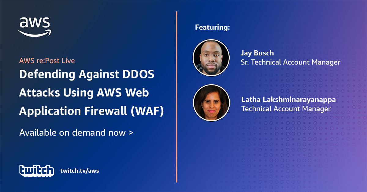 Our latest re:Post Live episode, Defending Against DDOS Attacks Using AWS Web Application Firewall (WAF), is now on demand! Visit our Twitch channel to watch now: twitch.tv/videos/2150756… #AWSrePost #AWSrePostLive #AWSSupport