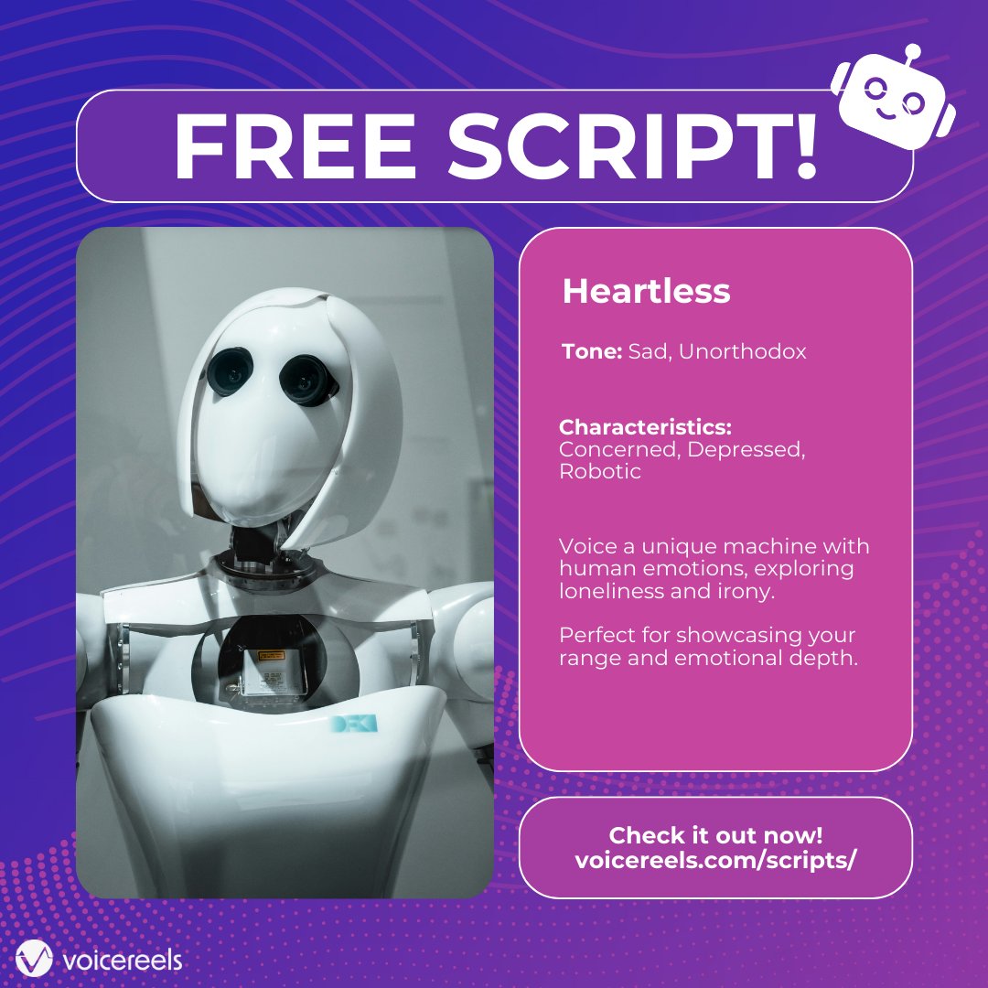 Voicereelscom's tweet photo. HEARTLESS 🤖 💔 

Showcase your emotional depth and unorthodox character skills with this #FREE script! 

Script here 👉 : https://t.co/vzS94Norf3 https://t.co/fQMT97Sa72