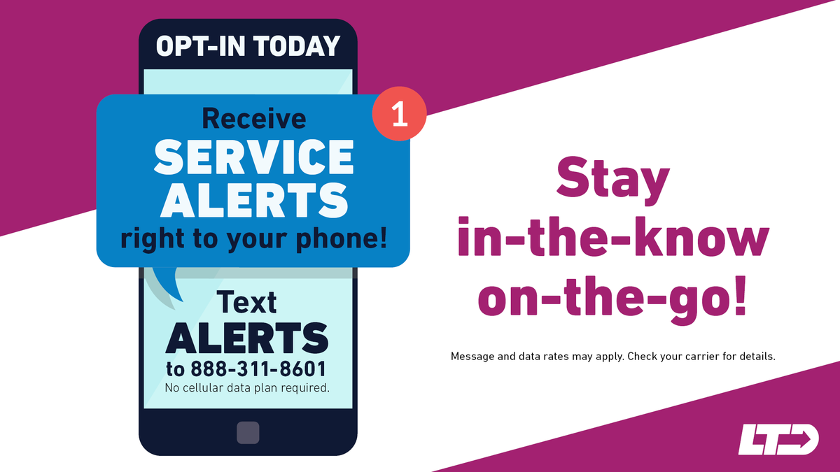 Don't have access to the internet on your cell phone? Opt in to receive SMS alerts from LTD to get Service Alerts when your bus is detoured. It's free and easy to subscribe! Sign up: zurl.co/3GZL