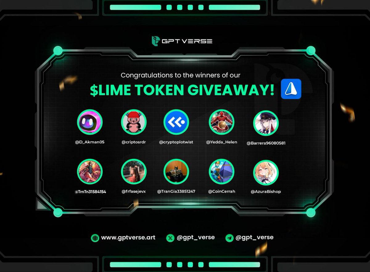 gpt_verse's tweet photo. 🎉✨ We're excited to announce the winners of our special giveaway celebration in partnership with @iMePlatform! 🎉✨

🔥 A total of 5,000 $LIME tokens have been awarded to these 10 lucky winners

🥳 Congratulations to all the winners and thank you to everyone who participated!

🍀 Winners, please don't forget to share your wallet addresses from the iMe platform with us via DM to receive your prizes. 

👀Also, don't miss out on the $GPTV staking event on the iMe platform