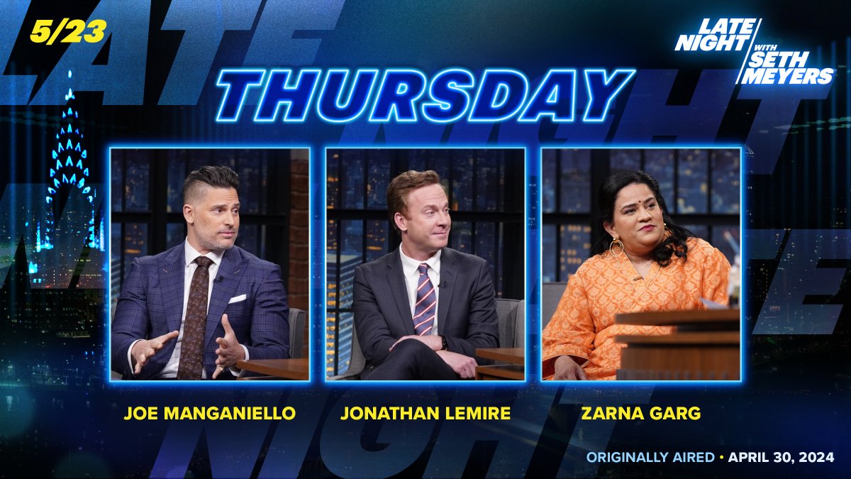 TONIGHT! @sethmeyers sits down with @JoeManganiello, @JonLemire and @ZarnaGarg!