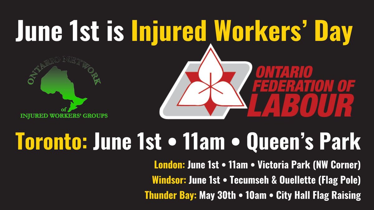 The @OFLabour has been front and centre so many times at #InjuredWorkersDay over the last 40 years. Their hard work and solidarity over the years has done so much for many injured workers. We are thrilled that OFL and @WaltonMom will be with us yet again on June 1st.