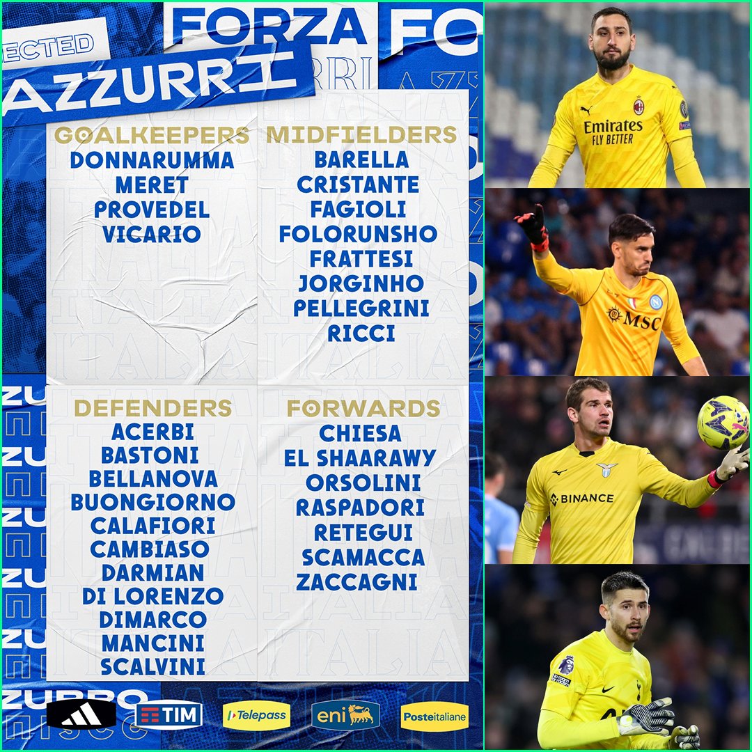 🇮🇹 RESMI: Squad awal sang juara bertahan, Italia, untuk Euro 2024! Dari 30 nama akan disaring jadi 26 nama. Kiper yang dipanggil: Donnarumma, Meret, Provedel, Vicario. Mungkin nanti disaring jadi 3 kiper. Pemain keturunan Mesir, El Shaarawy, kembali masuk timnas Italia