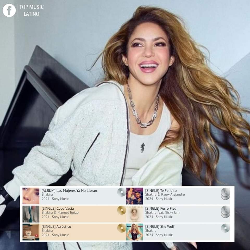Shakira 👑👑 logra certificar 280,000 copias vendidas en Brasil durante 2024🇧🇷 
1. Las Mujeres Ya No Lloran — 1x Platino 
2.Te Felicito — 2x Platino 
3. Copa Vacía — 1x Oro
4.Perro Fiel —2x Platino 
5. Acróstico  —1x Oro
5. She Wolf — 1x Platino