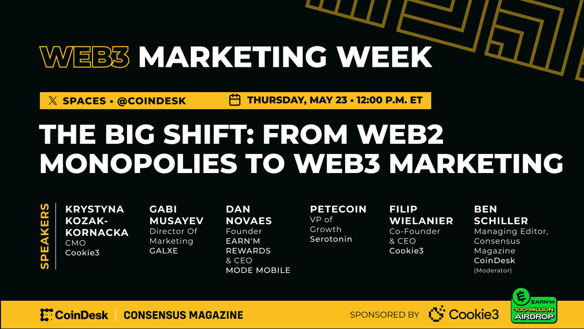 CoinDesk's tweet photo. HAPPENING NOW: How is Web3 changing audience engagement for marketers?

Join @fwielanier, @krysiakozak, @gabimusayev, Dan Novaes, PeteCoin and @btschiller to discuss as part of #Web3MarketingWeek, presented by @cookie3 and @EARNMrewards.

Hop in: https://t.co/yjCKHDroOt https://t.co/GHGdecE57v