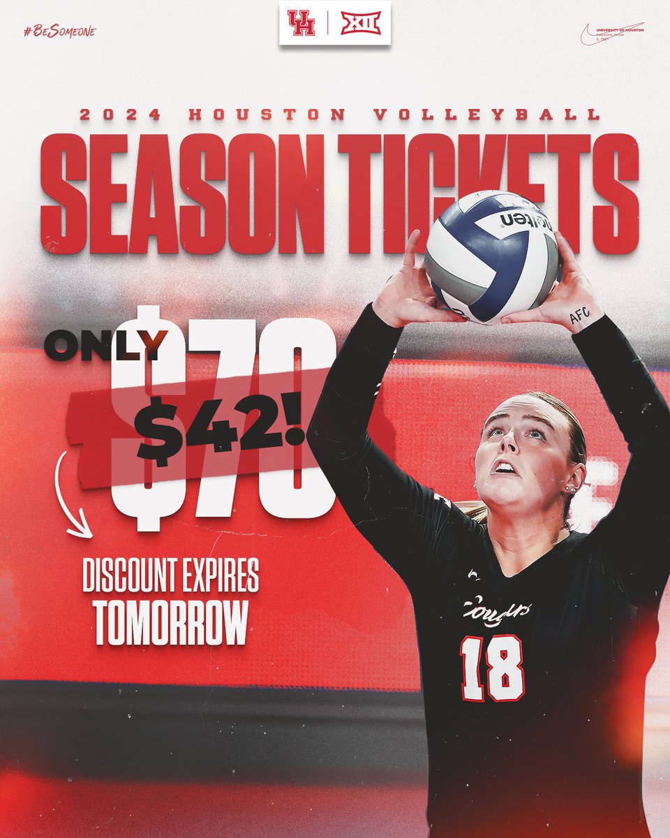 UHCougarVB's tweet photo. ⏰ 24 HOURS LEFT ⏰

Don't miss out on a HUGE deal on 2024 season tickets‼️

🎟️ https://t.co/A5Xf5dI40P https://t.co/uXkuuYOfbU