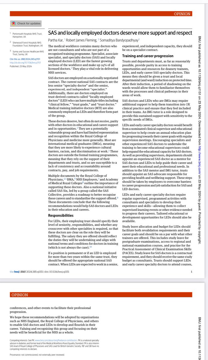 “SAS & Locally Employed Doctors need more support” A rapidly growing part of the medical workforce-vast majority of whom are IMGs Yet treated poorly by #NHS A few suggestions from @RobJimFleming @somsuj & myself to improve lives Via @bmj_latest bmj.com/content/385/bm…