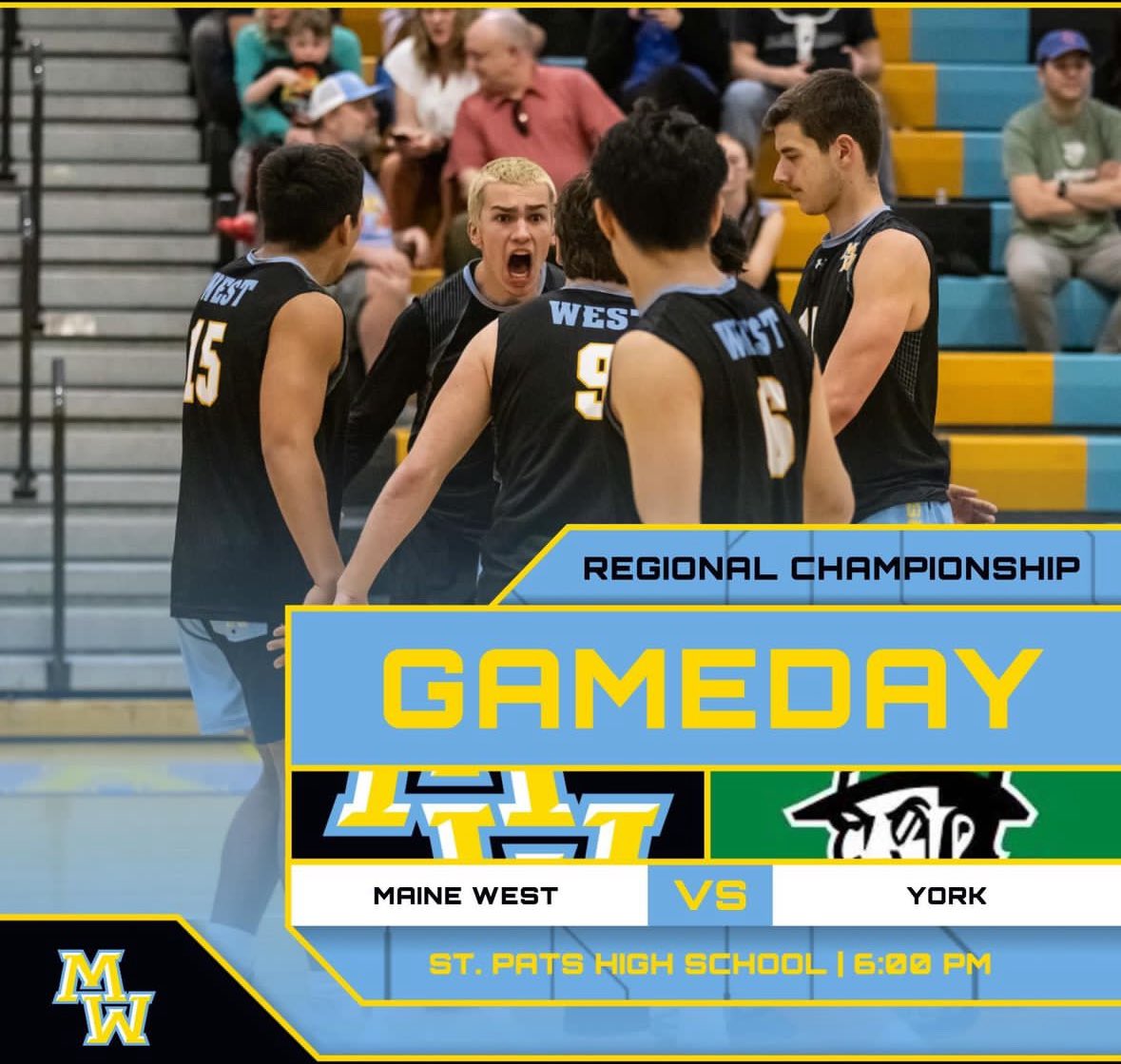 REGIONAL CHAMPIONSHIP DAY

#8 Warriors face #1 York in the regional championship match at St Patricks High School tonight at 6:00 pm!

Come out in masses, wear your blue and gold, and support your #MaineWestBoysVolleyball!!!!!